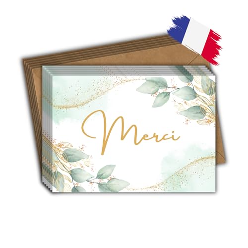 EVTI Lot 10 Cartes merci avec enveloppes craft, Cartes de Remerciements pour Mariage, Baptême, Communion, Anniversaire, Fête, Retraite, Naissance, Design Vert