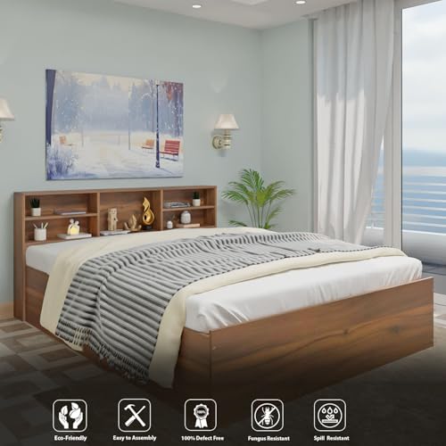 Image of VIKI Utility King Size Bed with Storage (70x80) | Engineered Wood Bed Frame for Bedroom | Modern Box Storage Cot | Brussel Walnut Finish | Free Assembly | 1 Year Warranty
