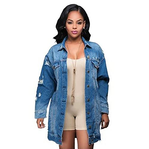 Preisvergleich Produktbild DAMAIJSQ Female Jeansjacke - Zerrissene Jeansjacke Für Damen - Extra Langer, Lässiger Jeansmantel Mit Sommerwaschung, Einfarbig Lange Ärmel, Lockerer Schnitt, Mit Taschen Für Damen Mädchen Plus Größe