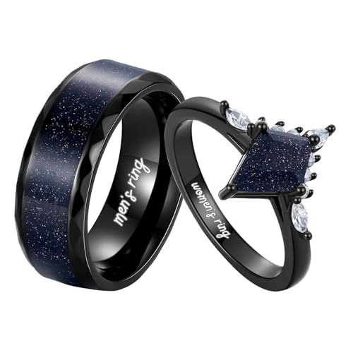 Custom Black Matching Rings - Couples' Blue Sandstone, Kite Cut with Personalized Engraving
