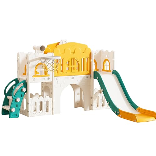 Goldshire 7 in 1 Toddler Slide,Kids Climber Slide with Storage Space and Non-Slip Steps, Toddler Playset with Basketball Hoopa and Telescope, Indoor Outdoor Playground for Toddlers