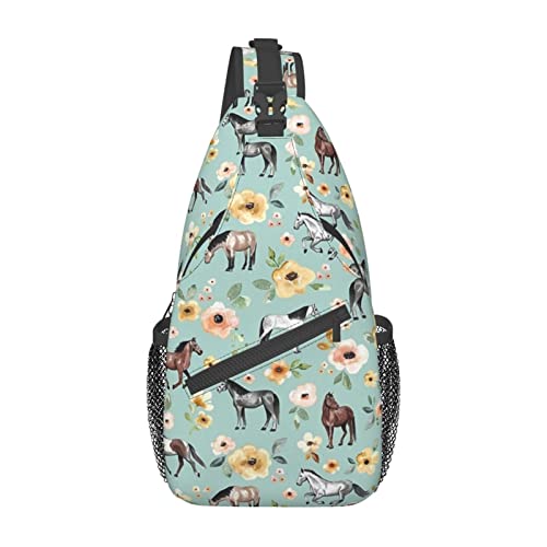 Cute Horse Flower Pattern Sling Backpack, Multipurpose Crossbody Chest Bag Shoulder Bag Travel Hiking Daypack for Men Women
