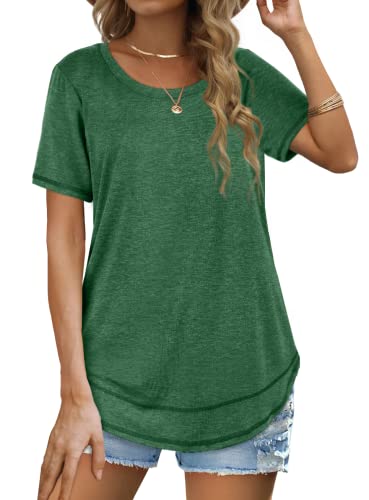 Womens Tops Short Sleeve Crewneck T-Shirts Curved Hem Blouse Green L #TOP1