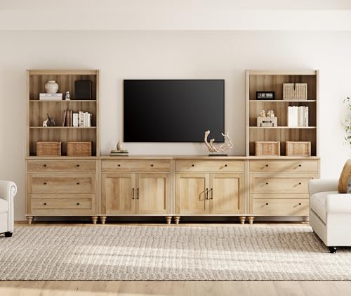WAMPAT Entertainment Center with Bookshelves for TVs up to 75", Farmhouse Wall Unit TV Stand with Doors & Drawer, Media Console Table for Living Room, Bedroom & Home Theater, Oak