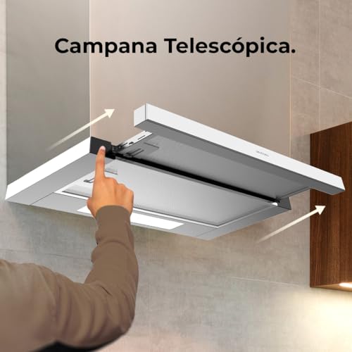Cecotec Hotte aspirante télescopique de 60 cm Bolero Flux TLM 603500 White A. Moteur 70 W, Puissance d'aspiration 350 m3/h, Commande mécanique, 2 niveaux, Lumière et Filtre à charbon, Finition blanche
