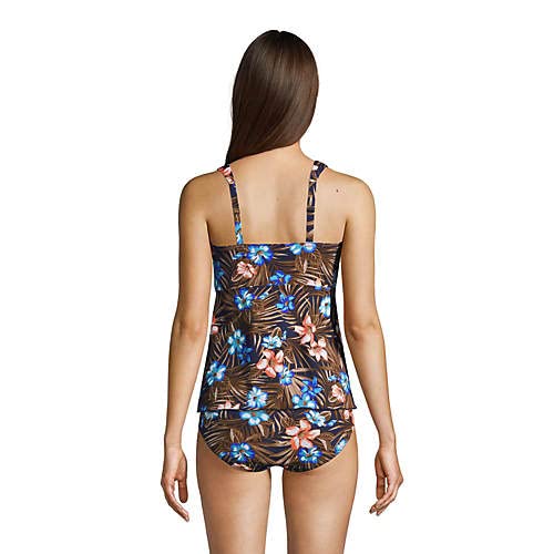 Lands' End Womens Chlorine Resistant Flutter Scoopneck Tankini Top Deep Sea Navy Tropic Palm Regular Medium2