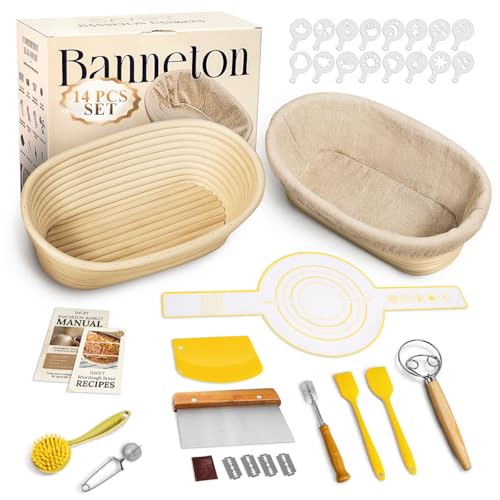 Sourdough Starter Kit, Sourdough Bread Baking Supplies with 2 Pcs 10" Oval Banneton Bread Proofing Baskets, Dough Scraper, Dough Whisk, Bread Lame, Silicone Sling, Spatula, Recipe