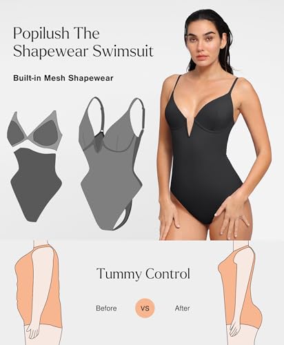 Popilush Tummy Control Swimsuits for Women Built in Shapewear Deep V Neck One Piece Swimsuit Slimming Swimwear Black — view 2