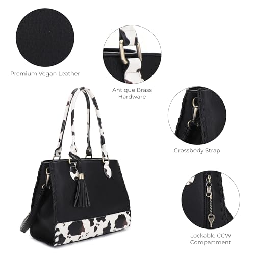 Image of JESSIE & JAMES Montana Whipstitching Cow Print Top Handle Satchel Purse with Adjustable Shoulder Strap