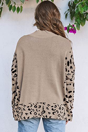 Women's Khaki Sequin Turkey Leopard Mixed Pattern High Neck Sweater with Slits2