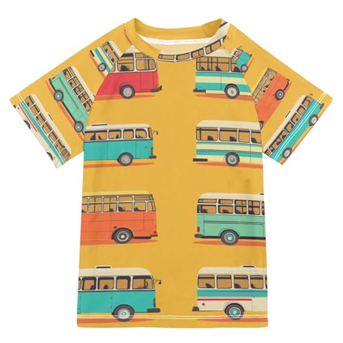 Jucciaco Boys Swimsuit Bus Car Yellow Graphic Sunscreen Kids Sun Rashguard Short Sleeve T-Shirts Swimwear Sets UPF 50+