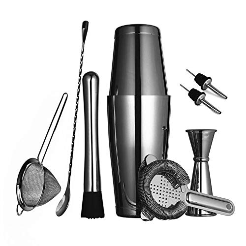Black Boston Cocktail Shaker Set for Professional Bartender and Home Bar including 18oz & 28oz Tins Shaker, Strainer, Measuring Jigger, Cocktail Muddleï¼ŒMixing Spoon and cocktail pourer (9 piece)