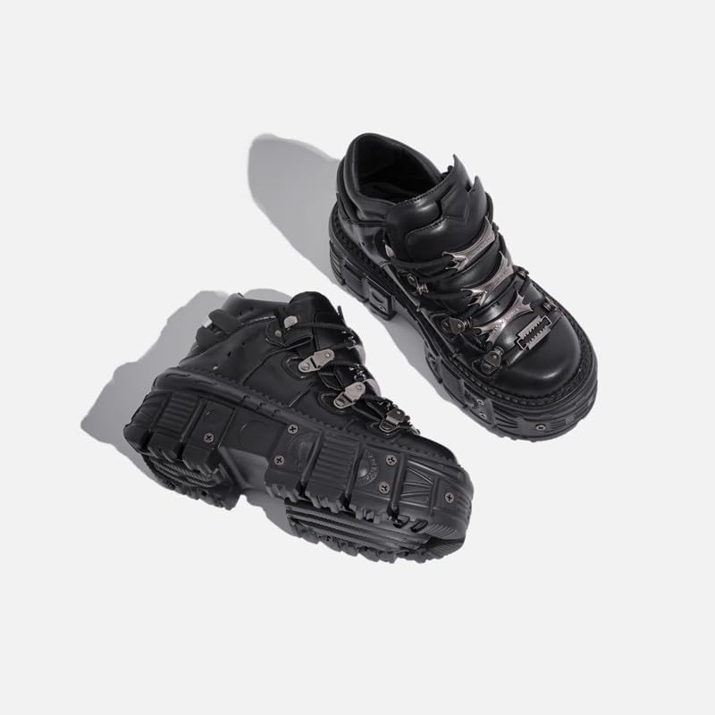 Cute Emo Shoes Platform Y2K Grunge Black Heels Wide Combat Boots with Metal Charms for Women Teen Girls Chunky Goth Punk Kawaii Retro Gifts for Daughter Granddaughter Back to School4