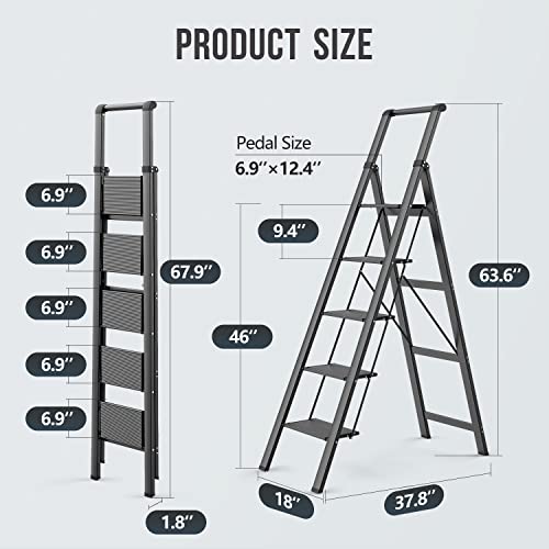 WOA-WOA-5-Step-Ladder-Lightweight-Aluminum-Ladder-with-Handgrip-Portable-Folding-Stepladder-with-Anti-Slip-Pedal-for-Home-Office-Kitchen-300lbs-Black