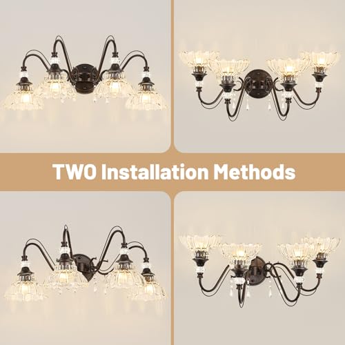 Image of Vintage Bathroom Vanity Light, 4-Light Oil Rubbed Bronze Finish Wall Sconce with Hanging Crystal Accents and Flower-Shaped Clear Glass Shades, Retro Wall Mount Vanity Light Over Mirror for Bathroom