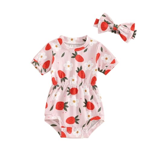 Image of FOCUSNORM Baby Girl Summer Clothes Ribbed Short Sleeve Romper Solid Color Bodysuits Bow Headband Outfit Newborn Girl Jumpsuit