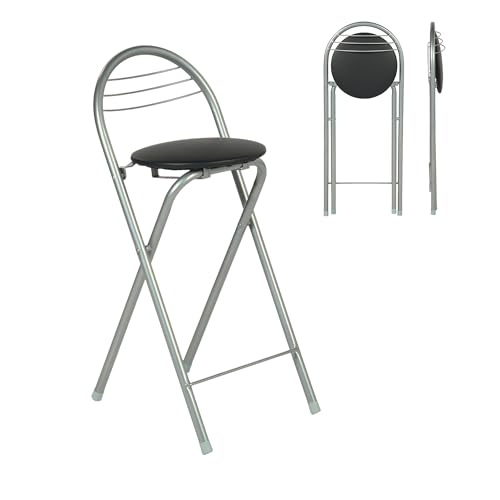 1 Pieza Taburete Alto Plegable Bar con Respaldo, Banqueta y Silla Plegable de Madera para Interior y Exterior en Cocinas/Bares/Bistrós/Camping/Asiento Piel Sintética Negro/Altura Asiento 61CM