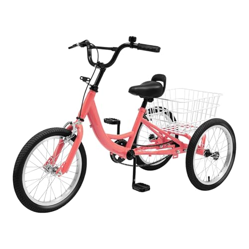 Triciclo infantil de acero al carbono de 16 pulgadas, color naranja claro, con cesta de bicicleta y suspensión trasera, freno de llanta, para niños de 7 a 10 años hasta 50 kg