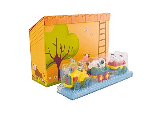 Bieco 90103603 - Spielweltset mit Kinder Motivkoffer Bauernhof und Schwungradtraktor mit 2 Hänger und 2 Tieren – Bild 3