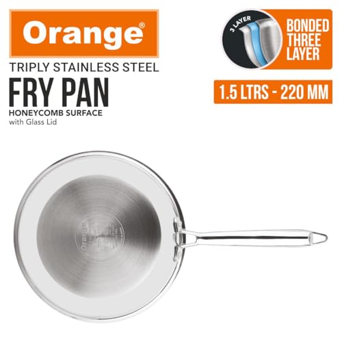 Image of Orange Triply Stainless Steel Honeycomb Fry Pan with Glass Lid 1.5L, 22cm | Scratch Resistant Non Stick Frying Pan with Long Handle | Gas top and Induction Bottom Friendly
