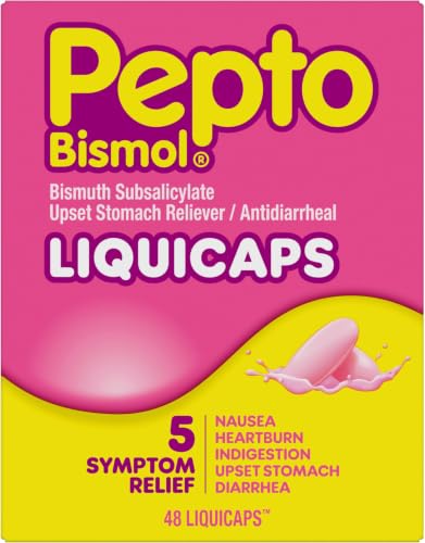 Image of Pepto Bismol Liquicaps, Upset Stomach Relief, Nausea Relief, Heartburn Relief, Indigestion Relief, Anti Diarrhea Medication for Adults - 5 Symptom Fast Relief, No Flavor, 48 ct (Pack of 12)