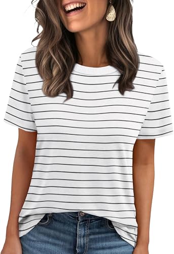 Jescakoo Womens Tops Summer Short Sleeve Ribbed Trim Crewneck T Shirts Fashion Basic Tee