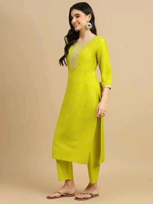 Image of Women's Embroidered Straight Kurta Set with Pant and Floral Silk Dupatta