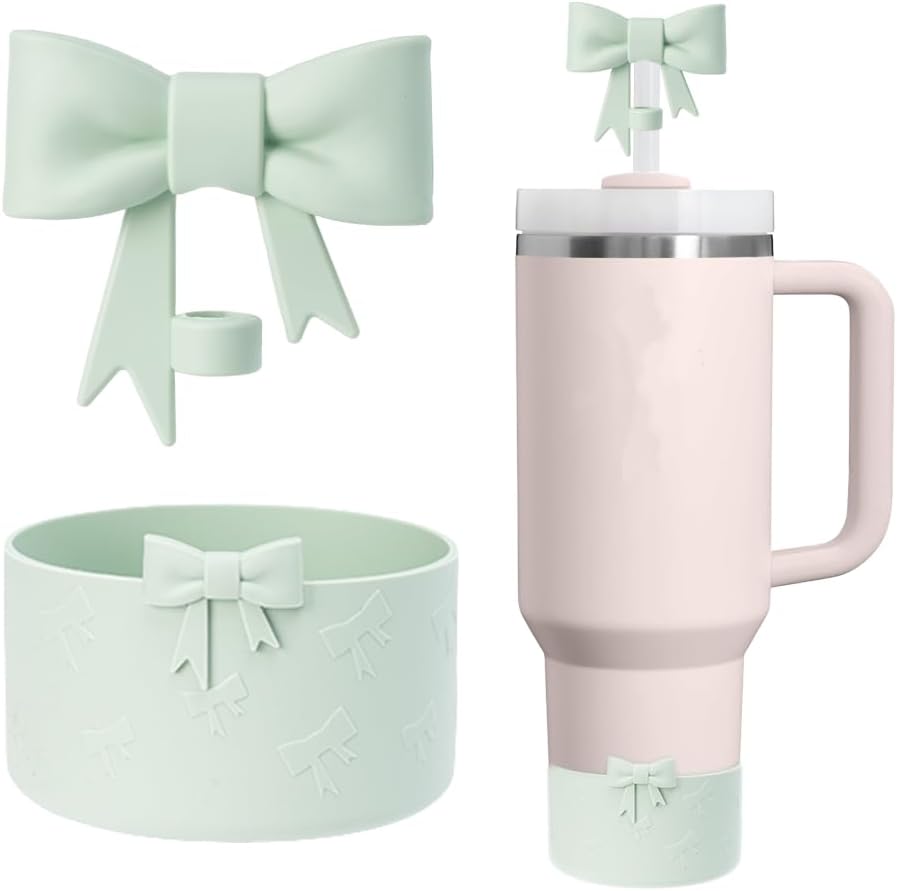 7.5cm Silicone Bottle Cover &10mm Bow Shape Straw Topper for Stanley Quencher 30 40oz H2.0 IceFlow 20 30 oz Tumbler (2pcs Green)