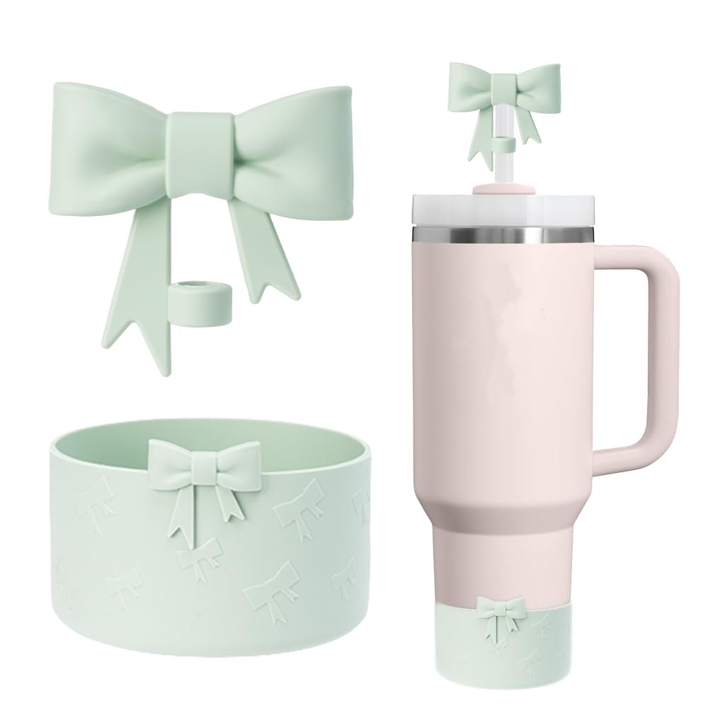 7.5cm Silicone Bottle Cover &10mm Bow Shape Straw Topper for Stanley Quencher 30 40oz H2.0 IceFlow 20 30 oz Tumbler (2pcs Green)