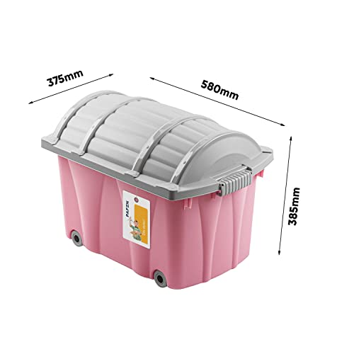 PAFEN Piraten Spielzeugkiste 49l mit Rollen - Schatzkiste 58 x 38,5 x 37,5cm - Spielzeugbehälter Aufbewahrungsbox für Kinder Ordnungsbox, Rosa