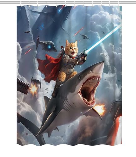 Image of Funny Shower Curtain, Hilarious Cool Cat Riding Shark Ocean Wave Shower Curtains for Bathroom, Funny Kids Boy Fabric Bathroom Accessories Decor Curtain, with Hooks 47x64 Inch