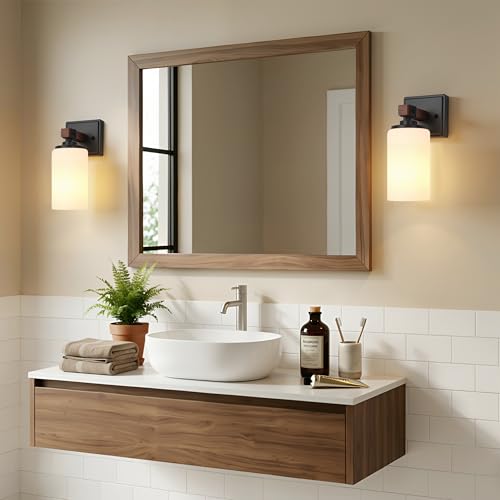 Image of Plug in Wall Sconces Set of 2, Rustic Wall Light with On /Off Switch, 2-in-1 | Plug Farmhouse Wall Lamps with White Glass Shade for Bedroom Living Room Hallway, Faux Brown Wood Grain, E26(Bulb Not Includ)
