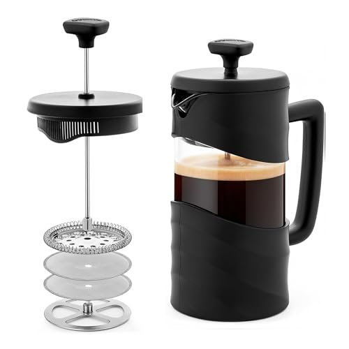 OVENTE French Press Coffee Maker 12 Ounce with Heat Resistant Borosilicate Glass & Stainless Steel 4-Level Filtration System, Portable Cold Brew Coffee Maker for Travel, Camping or Gift, Black FPW12B