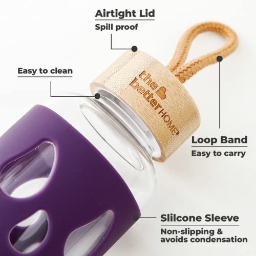 Image of The Better Home Borosilicate Glass Water Bottles 550ml, Pack of 2 with Silicone Sleeve & Bamboo Lid, Fridge Bottles for Home & Office, Purple