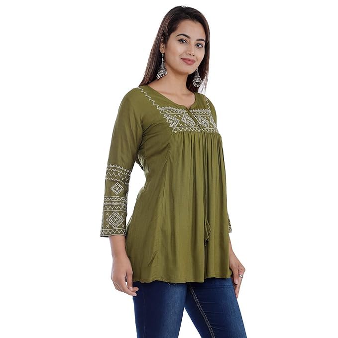 Image of Avayayat Women's Rayon Classic Heavy Embroidery Top with Beautifull Tassels at Front and on Both Sleeves Regular Fit Office Wear Festival Tunic Jeans Summer