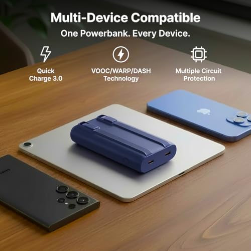 Image of pTron 20000mAh Powerbank w / 22.5W Fast Charging, USB & Type C Output, Built-in Cables, Compatible w /Power Delivery, Quick Charge for iPhone, Android Mobile & Tablets, Dynamo Storm (Indigo Blue)