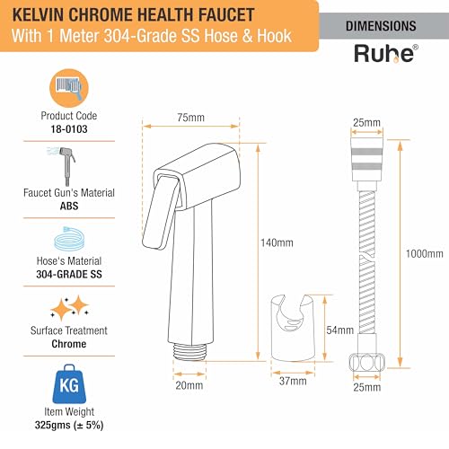 Image of Ruhe Kelvin Health Faucet | ABS Kelvin Health Faucet Jet Spray for Toilet with Braided 1.0 Meter Flexible Hose Pipe with Hook | (Chrome Finish) | Jet Spray for Toilet