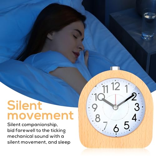 Despertador analógico de madera sin tictac, despertador digital, mesita de noche, reloj de mesa con luz nocturna, analógico, de madera, funciona con pilas, para dormitorio, hogar, oficina, viajes - imagen 5