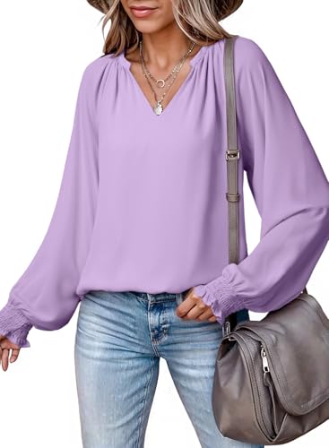 Dokotoo Women's Dressy Casual Blouses Business Work Chiffon Flowy Boho Tops V Neck Long Sleeve Shirts for Women Spring Fall Holiday Outfits Purple Tops for Women XL