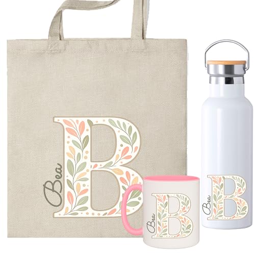 Set Personalizado con Inicial y Nombre, Bolsa de Tela + Taza 350ml con Diseño Floral de Hojas, Opción Botella Térmica, Regalo Comunión, dia de la madre (Pack Floral)