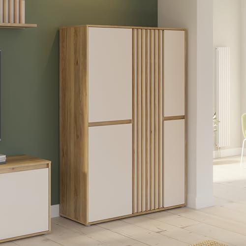 Forte ELISTON Kleiderschrank 100 110, moderner Kleiderschrank mit Lamellendesign, 5-türig, Schlafzimmer, Mauvella Eiche Holzdekor|Kashmir Beige, 109,3 cm breit x 161,7 cm hoch x 41,5 cm tief
