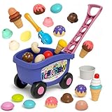 32 PCS Ice Cream Cart Toys for Toddlers, Kids Pretend Play Food Scoop & Serve Macaroon Dessert Set, Kitchen Accessories Icecream Shop Wagon