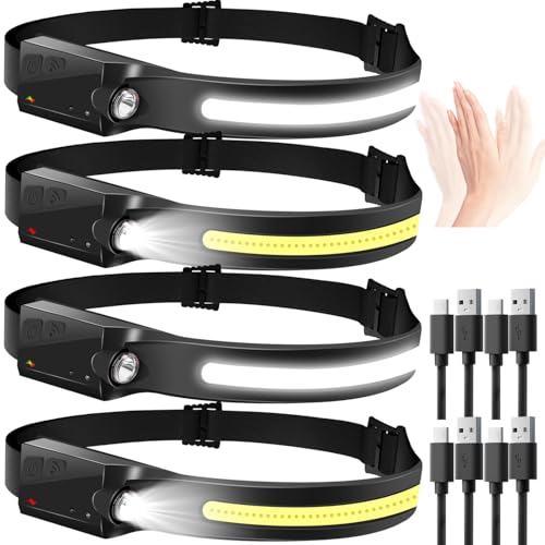 Aigostar Torcia Frontale Led Ricaricabile, 4 Pezzi,Lampada Da Testa Con Sensore Di Movimento,6 Modalità Di Luce,230° Angolo Ampio, Usb-C, Leggero (0.1
