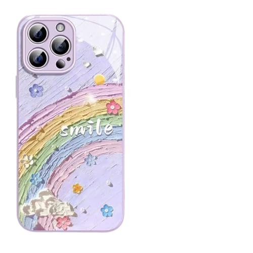 YUINJP 【油絵風の虹 花】フラワーデザイン 可愛い おしゃれ 女子向け 立体感がある 文字 メッセジー 微笑 | 衝撃保護 カメラ包み 携帯アクセサリー プレゼント アイフォンケース スマートフォンカバー for iPhone16 15 14 13
