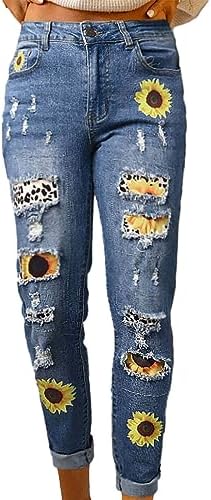Womens Ripped Jeans Fashion Daisy Printed Floral Denim Pants Cute 