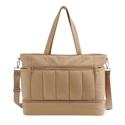 Image of Weekender Bags for Women, Large Capacity Carry On Duffle Bag with Shoe Compartment & Wet Pocket - TSA-Approved Personal Item Bag for Air Travel, Gym, Hospital, Water-Resistant Puffer Tote (Brown)