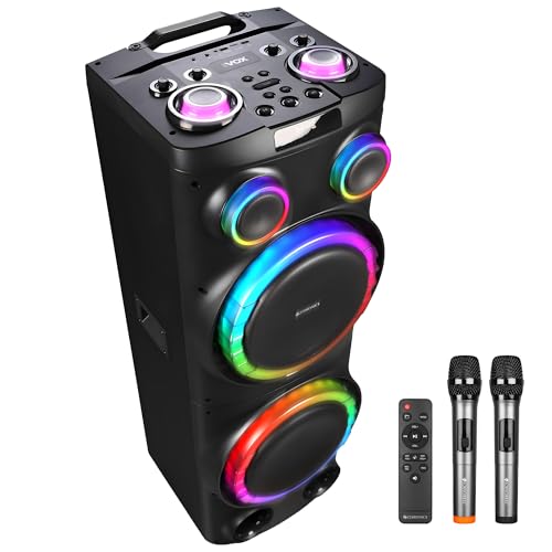 Image of ZEBRONICS VOX DJ Party Bluetooth Speaker, 220W, Upto 10h Playback, Karaoke & Record, BT v5.3 | TWS | USB | 2X Mic Input | Aux | SD | FM, Multicolor LED, 2 x 12 Drivers, Dual UHF Wireless Mic
