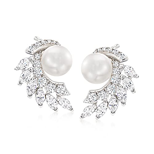 Ross-Simons 6.5-7mm Cultured Pearl and 1.50 ct. t.w. CZ Curved Cluster Earrings in Sterling Silver