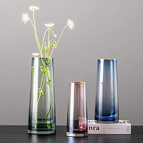 Vase Flower Arrangement Optic Color Glass Vases with Golden Rim Decor Table Centerpieces Trumpet Shape Accent for Dining Living Room Wedding Gift, 10.6'' H x 3.9'' D, Blue - Image 4