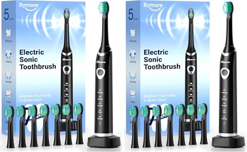 Image of Bymore Electric Toothbrush for Adults,Sonic Rechargeable Toothbrush with 8 Brush Heads,330-Day Battery,5 Cleaning Modes & 2-Min Timer,Travel-Friendly Ultra Clean Design - Black,(Pack of 2)